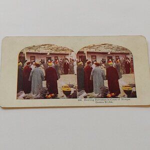 ANTIQUE STEREOGRAPH CARD Double Sided Colour Howling Dervishes/Mosque Sultan